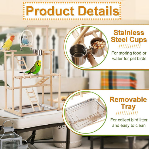 (3 Pet Parrot Playstand Parrots Bird Playground Bird Play Stand Wood Perch Gym Playpen Ladder with Feeder Cups Bells
