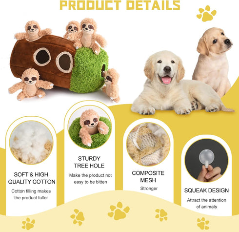 Interactive Squeaky Dog Toys Plush Sloth Dog Toy, Stuffing Woodland Friends Burrow, Squeaky Plush Toy for Small Medium