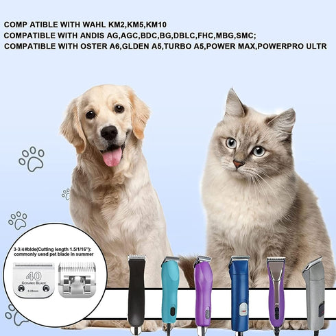 #40 Blades Dog Grooming Clipper Replacement Blades - Compatible with Andis/Wahl/Oster, Detachable Ceramic & Stainless
