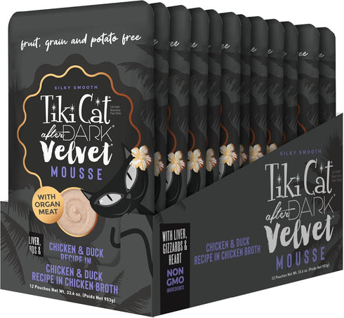 Tiki Cat After Dark Velvet Mousse, Chicken & Duck Recipe in Chicken Broth, 2.8 oz. Pouch (Pack of 12)