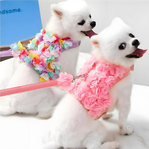 Cute Dog Harness - Escape-Proof Flower Harness with Leash Set, Soft Mesh Small Puppy Vest for Cats and Dogs, Pink &