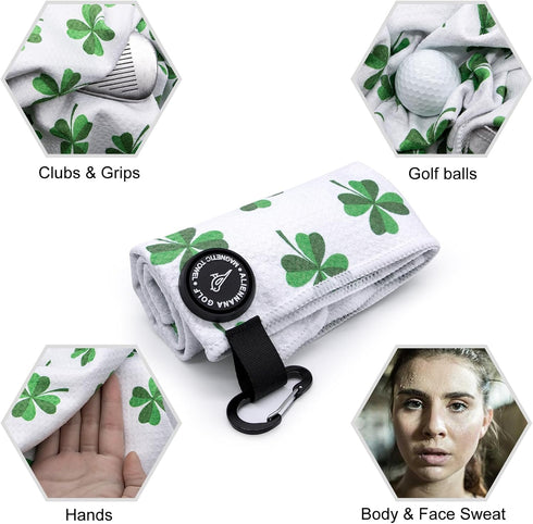 Magnetic Golf Towel with Clip, Microfiber Waffle Design - Strong Hold Magnet for Golf Bags, Carts, Clubs (Lucky Clover)