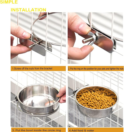 2 PCS Anti-Spill Stainless Steel Pet Bowls, Metal Feeder Food and Water Bowl, Hanging Pet Cage Crate Bowl for Medium