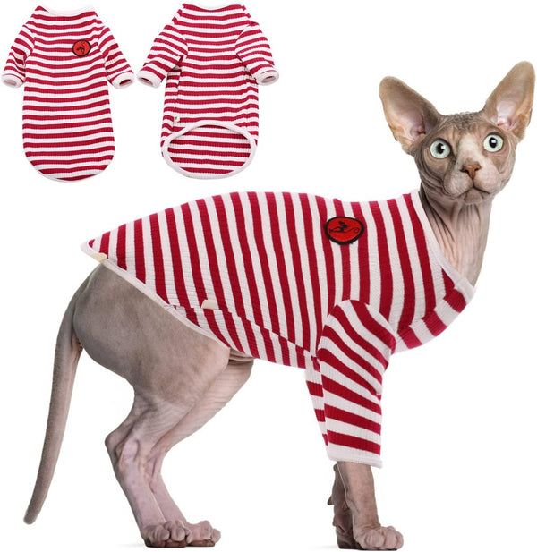DENTRUN Hairless Cats Shirt, Breathable Daily Wear Clothes for Cats, Soft Stripe Vest Pajamas Jumpsuit