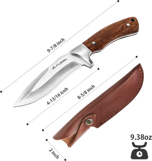 Flissa Fixed Blade Knife with Sheath, 9.8'' Full Tang Hunting Knife with High Carbon Steel Blade, Camping Knife