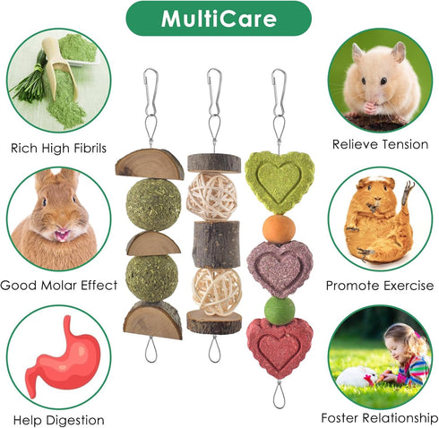 3 Chinchilla, KATUMO Rabbit Chew Toys with Types of Strung Hanging Toys, Natural Bunny Teeth Care Chew Kit Apple Wood