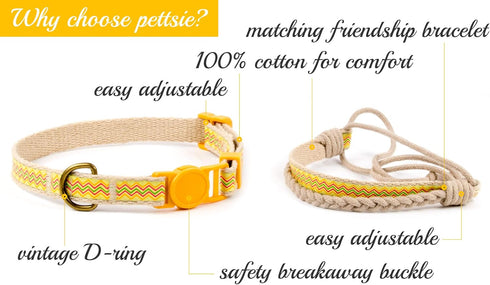 Pettsie Breakaway Cat Collar & Matching Friendship Bracelet, Soft Cotton Adjustable 7.5"-11.5", Yellow