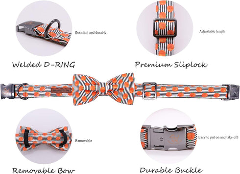 Elegant Little Tail Halloween Dog Collar with Pumpkin Print Bowtie, Adjustable Holiday Gift Collars for Small Medium