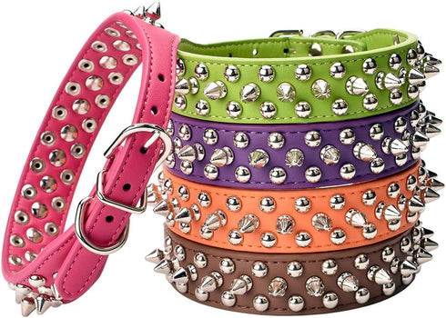 Mushrooms Spiked Rivet Studded Adjustable Microfiber Leather Pet Collars for Cats and Dogs (8.2"-10.6" Neck, Coffee)
