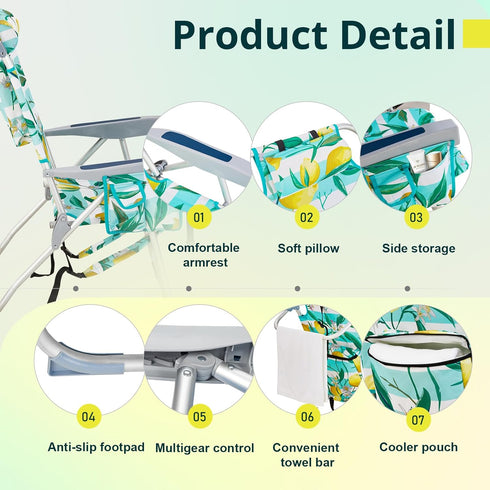 NAICKUC Backpack 5-Positions Folding Tall Beach Chairs for Adults, Adjustable Portable Recliner, Aluminum Frame