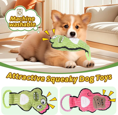 Grnstf 2-Pack Set Crinkle and Squeaky Dog Toys & Tough Tug of War - No Stuffing Chew-Resistant Plush Toys to Keep Them
