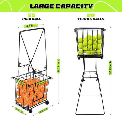 Portable Pickleball Tennis Ball Collector with Wheel - Hopper Container for Picking and Storage Training Tool