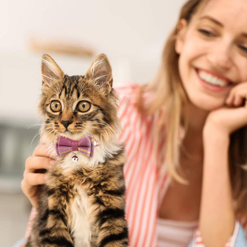 Weewooday 10 Pcs Breakaway Cat Collar with Bow Tie and Bell, Adjustable Cute Plaid Safety Collars for Cats