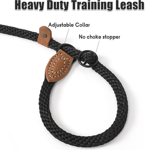 Mile High Life Slip Leads for Dogs | Heavy Duty Dog Training Leash | 4 Feet No Pull Slip Leashes w Leather Tip | Black Rope Lead for Dogs Outside