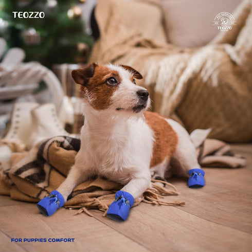 Dog Shoes Dog Boots & Paw Protector, Anti-Slip Sole Winter Dog Booties with Reflective Straps, 4PCS Blue for Small
