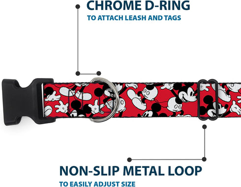 Buckle-Down Plastic Clip Collar - Mickey Mouse Poses Scattered Red/Black/White, 1.5" Wide, Fits 13-18" Neck