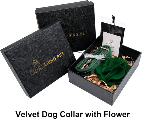 ARING PET Velvet Dog Collar - Cute Christmas Collar with Felt Flower, Adjustable Green Collar with Metal Buckle for