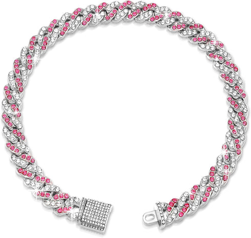 14inch Glitter Dog Chain Collar, Pink Silver Diamond Cuban Dog Chains Necklace for Small Medium Dogs Cats