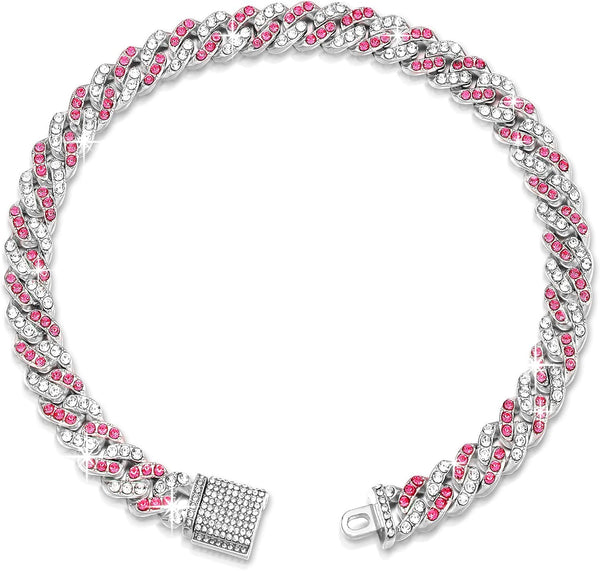 14inch Glitter Dog Chain Collar, Pink Silver Diamond Cuban Dog Chains Necklace for Small Medium Dogs Cats