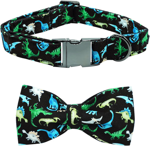 Adjustable Soft Dog Collar with Bow Tie, Cute Dinosaur Print, Gift Collar for Small Dogs