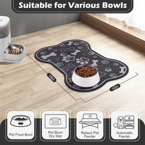 Dog Cat Food Mat - Rapid Absorbent Pet Feeding Mat, Bone Shaped Placemat with Rubber Backing, Dark Grey