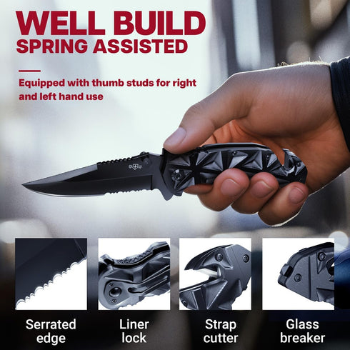 GOOD WORKER Black Pocket Knife, Serrated Sharp 3.5" Blade, Spring Assisted Tactical Knife Set