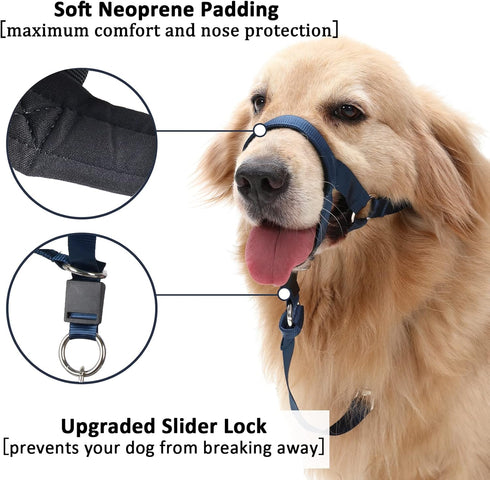 BARKLESS No-Pull Head Collar for Dogs, Soft Halter Harness with Expert Training Guide (M, Navy Blue)
