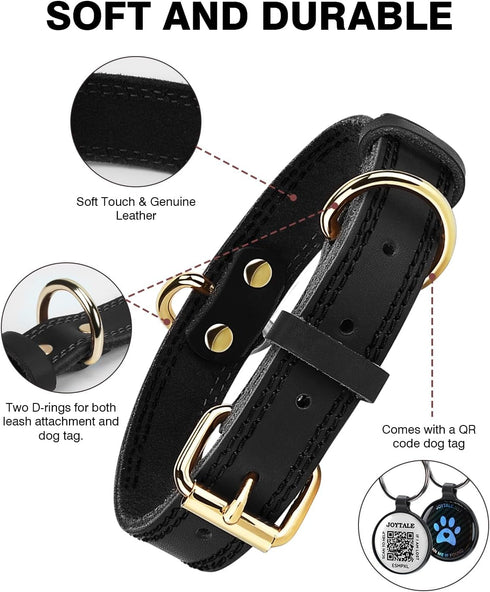 Joytale Genuine Heavy Duty Leather Dog Collars for Small Dogs, Soft Metal Buckle, QR ID Tag, Black, S