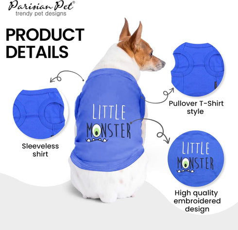 Parisian Pet Dog Tshirt, Embroidered “Little Monster” Boy Dogs Apparel, Lightweight Cotton Sleeveless Tee for Large