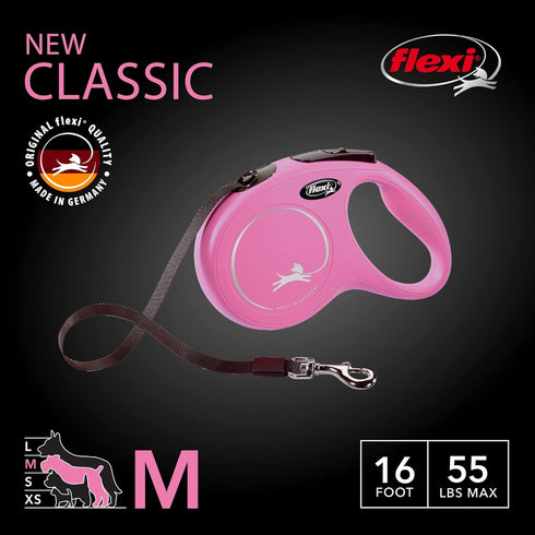 FLEXI New Classic 16 ft Retractable Dog Leash (Tape), Ergonomic, Durable, Tangle-Free for Medium Dogs, Pink