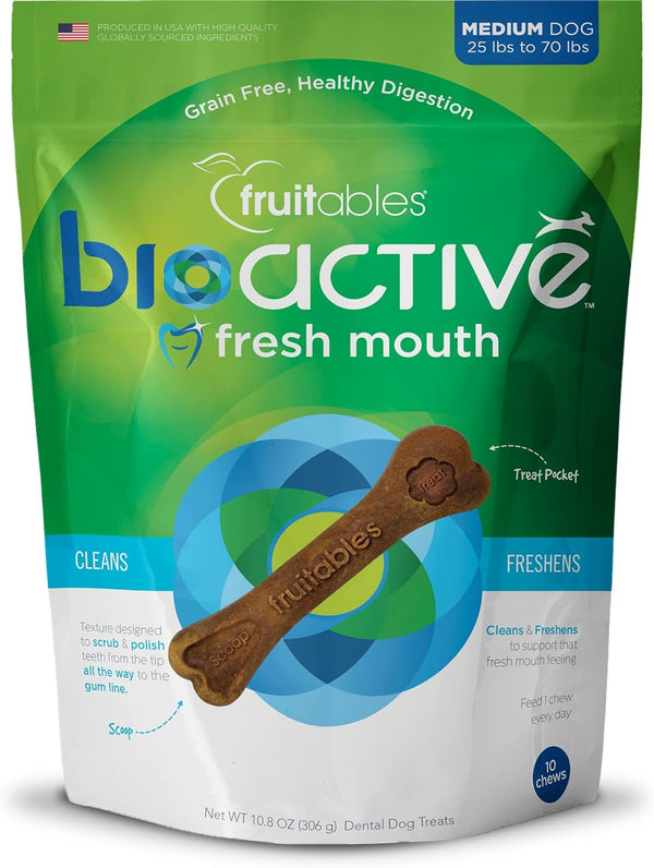 Fruitables Bioactive Dental Chews - Gluten and Grain-free Dental Treat for Medium Dogs - 10 count