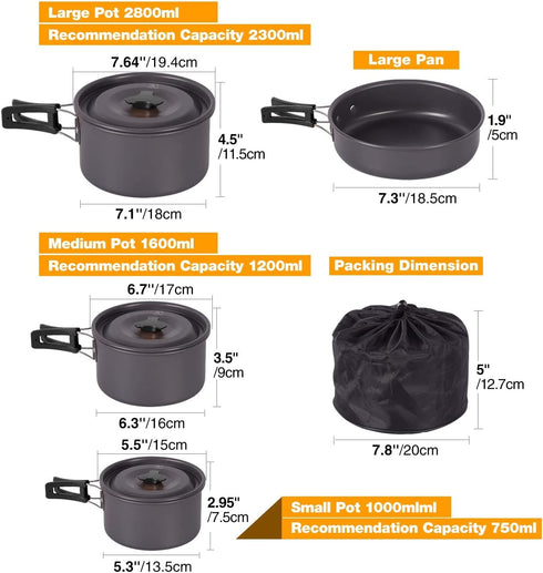 REDCAMP Camping Cookware Mess Kit, 11/12/17/22 PCS, 800ml Backpacking Pot and Pan Set