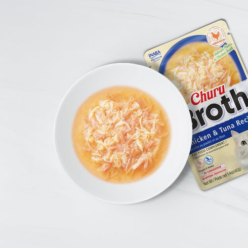 INABA Churu Broth for Cats, Creamy Shredded Chicken Side Dish Pouch, 1.4 Ounces, 12 Pouches, Chicken & Tuna