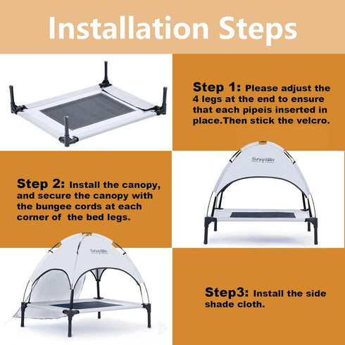 Outdoor Elevated Dog Cot with Canopy & Side Shade for Small Medium Dogs, Portable Cooling Raised Bed with Carry Bag