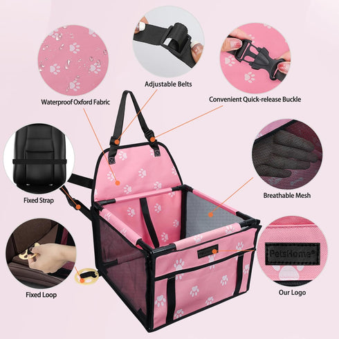 PetsHome Dog Car Seat Foldable Dog Car Booster Seat Waterproof Breathable Oxford Travel Bag for Small to Medium Dogs