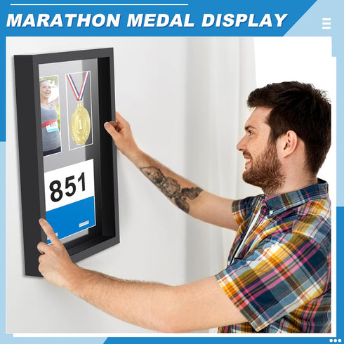RattanView 3 1 17 12.5 Inch Medal Display Frame Shadow Box in Marathon Medal and Photo Display Frame Case x Black Wood