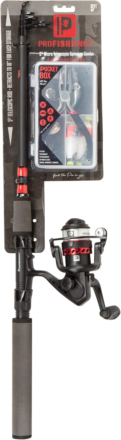 ProFISHiency 5FT Micro Telescopic Travel Fishing Rod & Spinning Reel Combo, Loaded Tackle Box