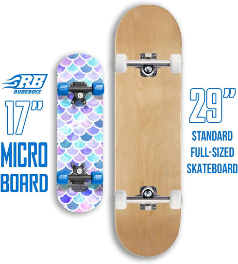 Rude Boyz 17" Micro Complete Skateboard - Maple Wood, ABEC 7 Bearings, Double Kick Concave Deck for Kids