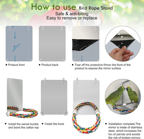 BWOGUE 7 Inch Bird Mirror with Rope Perch, Cockatiel Mirror for Cage Bird Toys, Swing Parrot Cage Toys