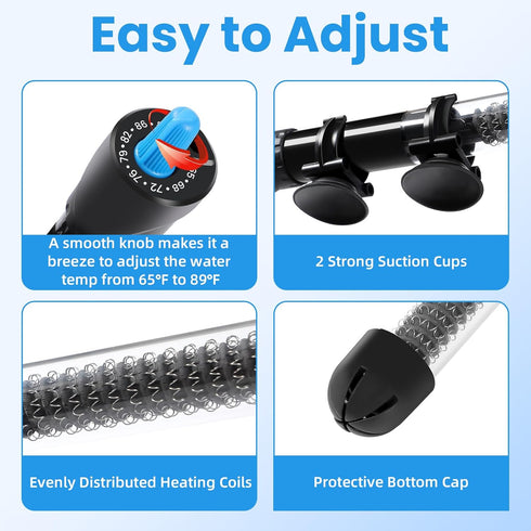 AQUANEAT 50W Aquarium Heater, Adjustable Submersible Water Thermostat with Thermometer for Fish Tank