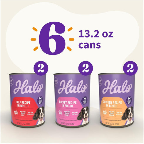 Pack, 13.2 Oz (Pack 6) Halo Wet Dog Food Variety Three Canned Whole Meat Chicken Stew, Beef Stew, Turkey & Salmon Stew