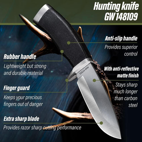 Hunting Knife with Sheath - Best Tactical Camping, Hiking, and Bushcraft Knife for Men, Fixed Blade Sharp Knife with