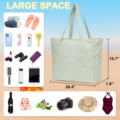 LEDAOU Large Waterproof Beach Tote Bag for Women, Sandproof Zipper Tote for Pool Gym Grocery Travel with Wet Pocket