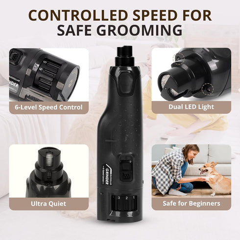 BUCKOLLAR 6-Speed Trimmer Set Quiet Dog Nail Grinder with LED Light, Low-Vibration Electric Pet Nail for Dogs and Cats