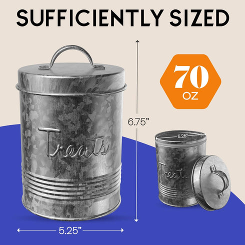 Amici Pet Retro Treats Galvanized Relief Lettering Metal Storage Canister, Food Safe, 72 Ounces