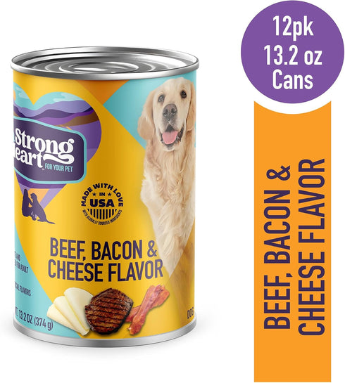 13.2 oz (Pack 12), A Strong Heart Wet Dog Food, Beef, Bacon & Cheese Flavor - Cans of Made in The USA with Real Beef