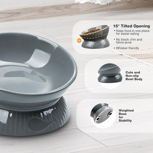 Elevated Ceramic Cat Bowl, Tilted Anti Vomiting Design, Spill-Proof and Dishwasher Safe for Indoor Cats