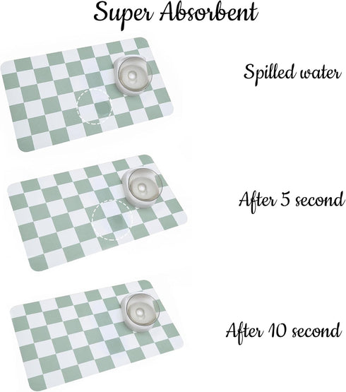 Ralxion Checkered Dog Feeding Mat, Absorbent Mats for Food and Water Bowl, Retro Modern Aesthetic Sage Green