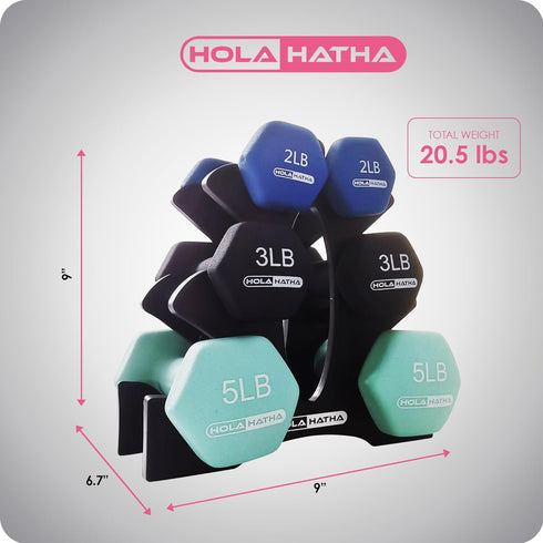 HolaHatha Neoprene Dumbbell Free Hand Weight Set with Rack, 2, 3, 5, 8, and 10 Pound for Home Exercises