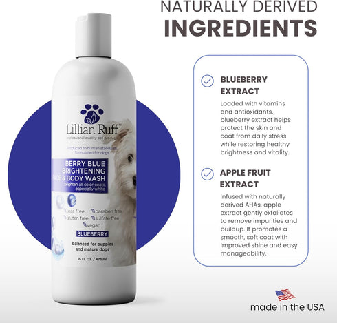 Lillian Ruff PRO Formula Berry Blue Brightening Dog Shampoo + Blueberry Waterless Dog Shampoo - Professional Whitening